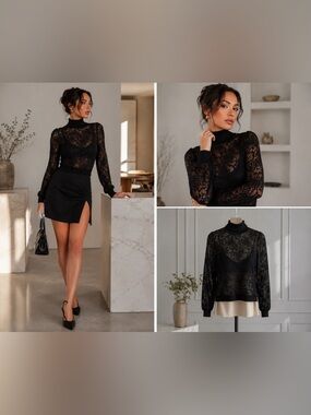 Oscar de la Renta Black Lace Layered Turtleneck Sweater Top Size S
